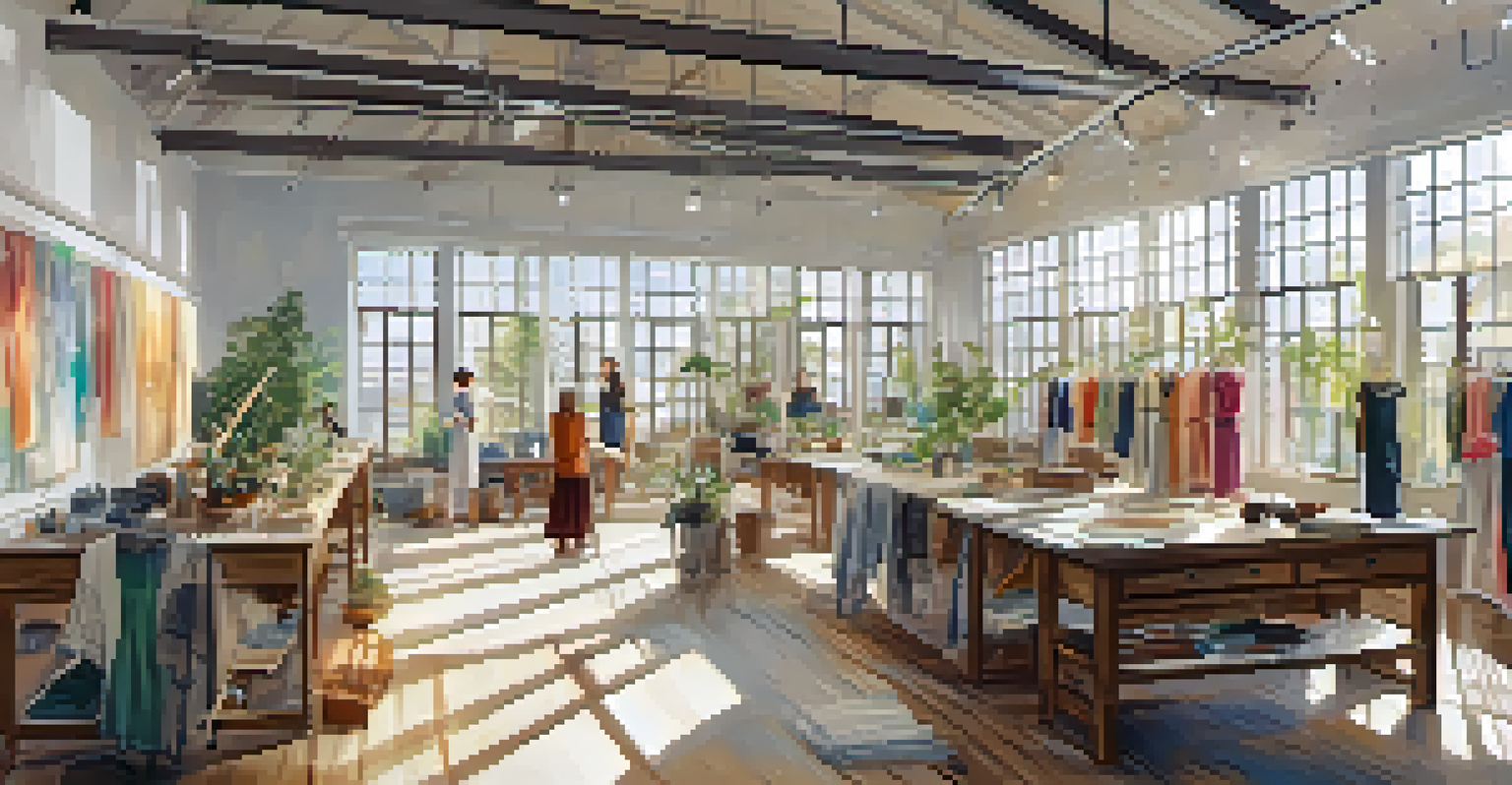 A creative studio where designers work on sustainable fashion, featuring sketches and natural materials in a bright environment.
