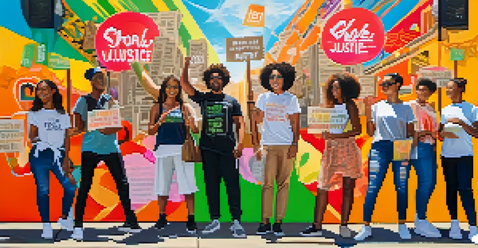 A diverse group of young activists wearing eco-friendly clothing, holding signs for sustainability and social justice in front of a colorful mural.