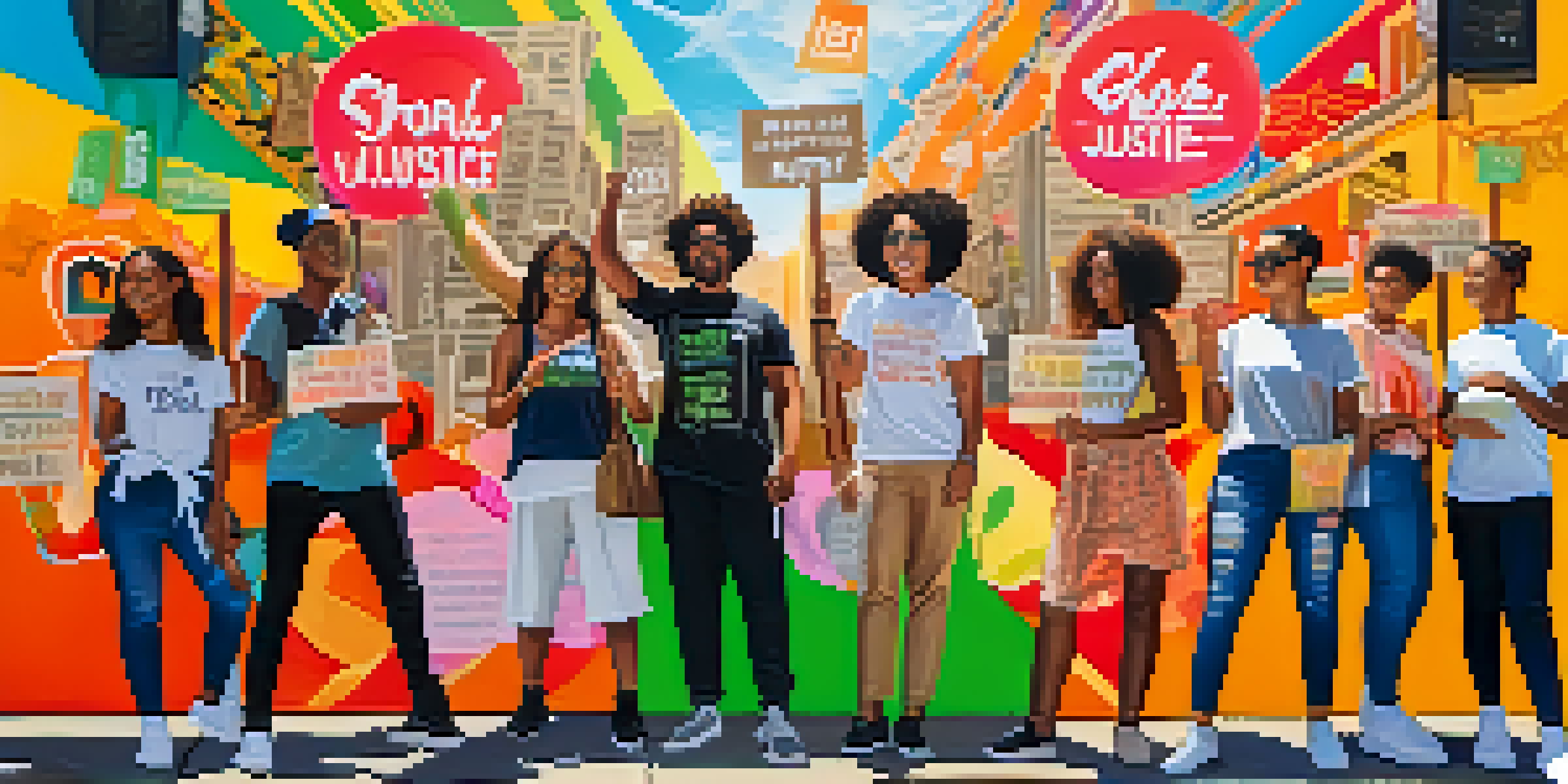 A diverse group of young activists wearing eco-friendly clothing, holding signs for sustainability and social justice in front of a colorful mural.