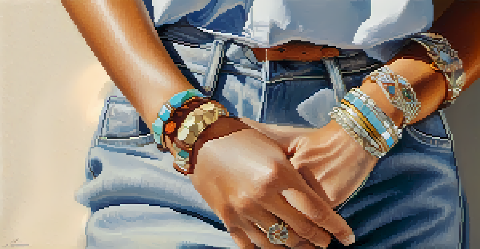 A close-up of a hand adorned with layered bracelets and rings against a neutral background with soft sunlight.