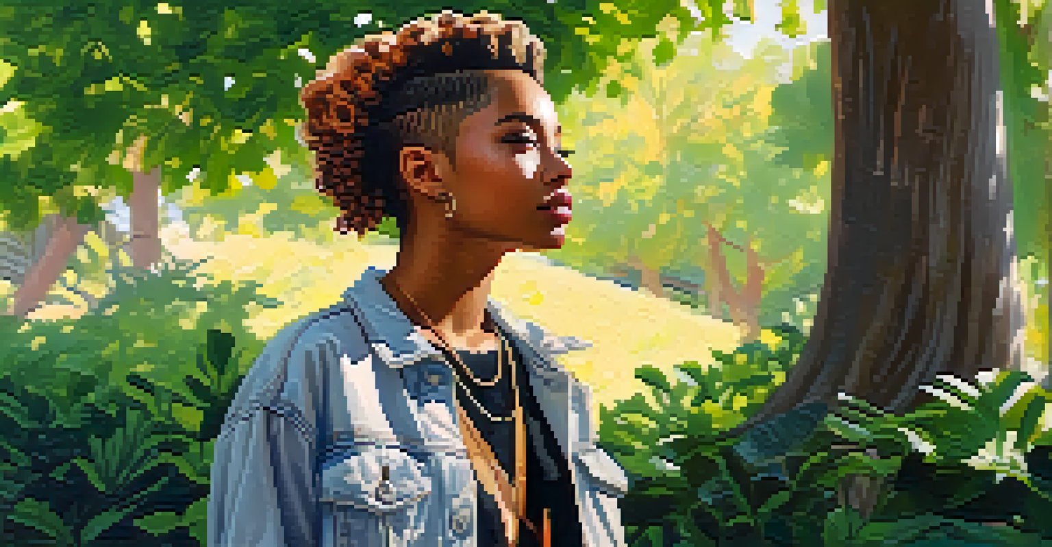 A confident young individual in a gender-neutral outfit standing in a park, surrounded by greenery and warm sunlight.