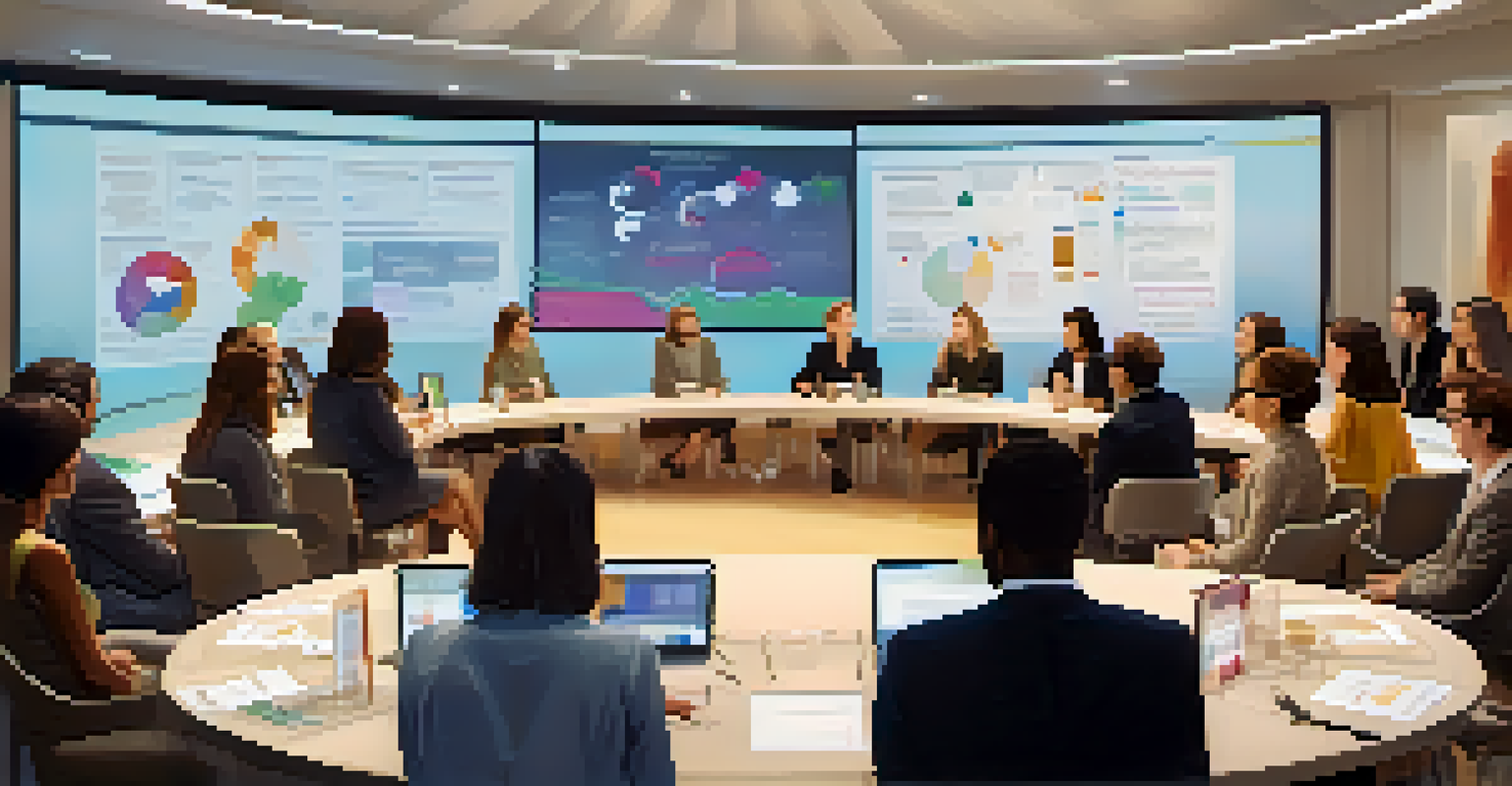 A diverse group of fashion brand representatives discussing gender equality and fair labor practices around a large table in a well-lit meeting room.