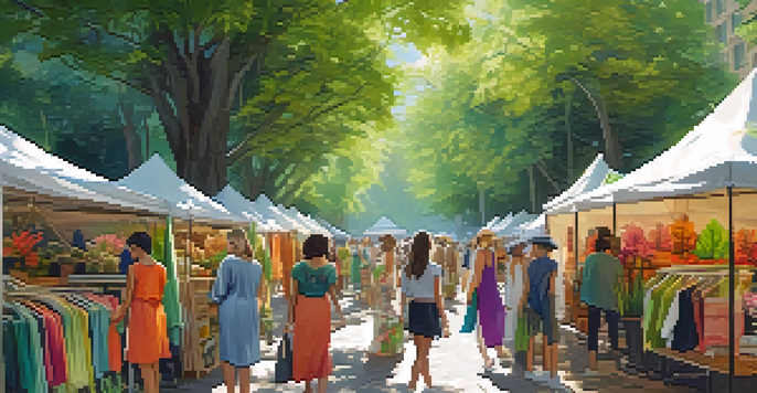 A lively outdoor market showcasing stalls with sustainable fashion clothing made from natural materials, with shoppers exploring the vibrant fabrics.