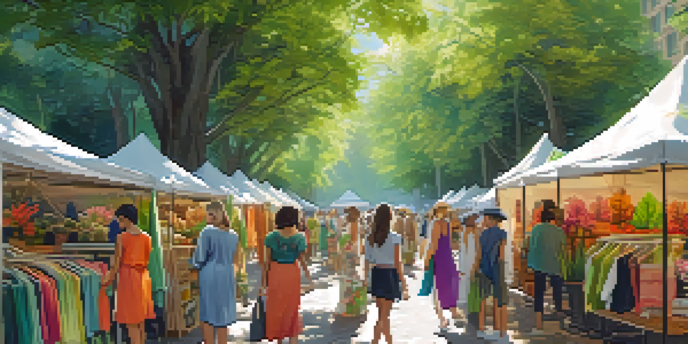 A lively outdoor market showcasing stalls with sustainable fashion clothing made from natural materials, with shoppers exploring the vibrant fabrics.