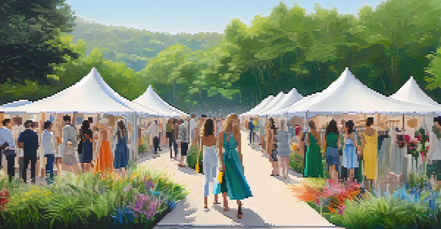 An outdoor sustainable fashion pop-up event with stylish people browsing eco-friendly clothing amidst colorful tents and greenery.