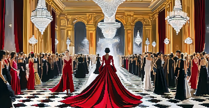 A stylish fashion show featuring models in avant-garde clothing on a runway in a grand hall, with a captivated audience and elegant chandeliers.