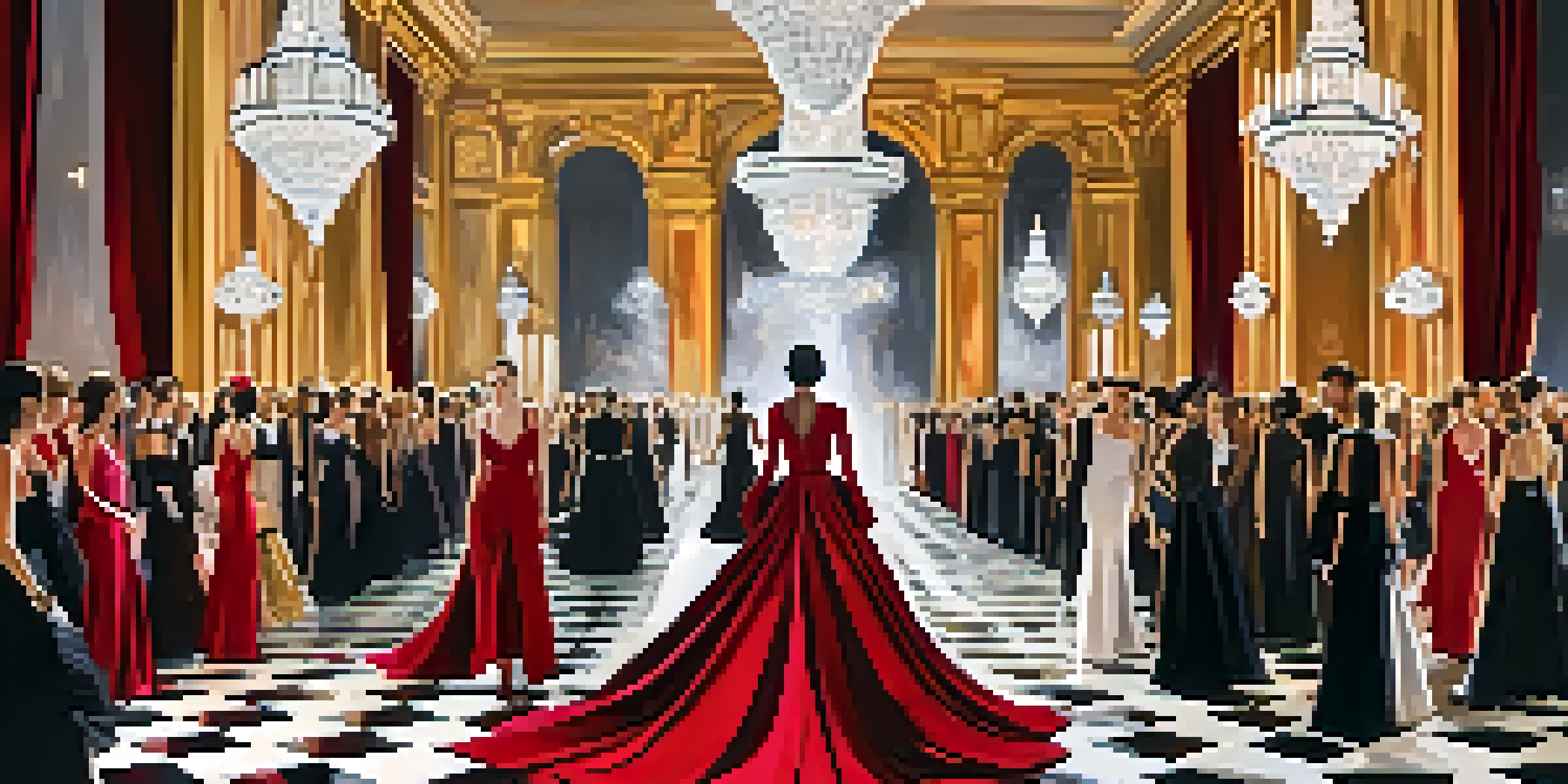 A stylish fashion show featuring models in avant-garde clothing on a runway in a grand hall, with a captivated audience and elegant chandeliers.
