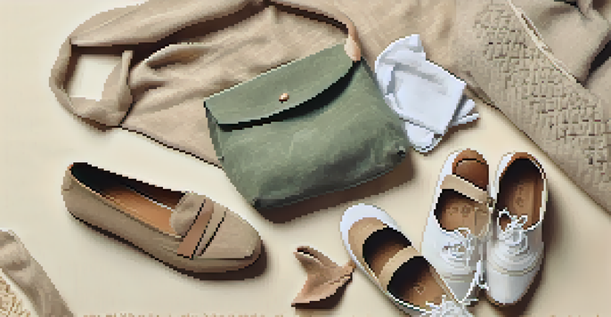 A flat lay of eco-friendly fashion items on a soft beige surface, featuring sustainable shoes, a recycled fabric bag, and organic cotton clothing.