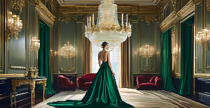 A model in an elegant evening gown stands in a luxurious ballroom with warm lighting and opulent decor.