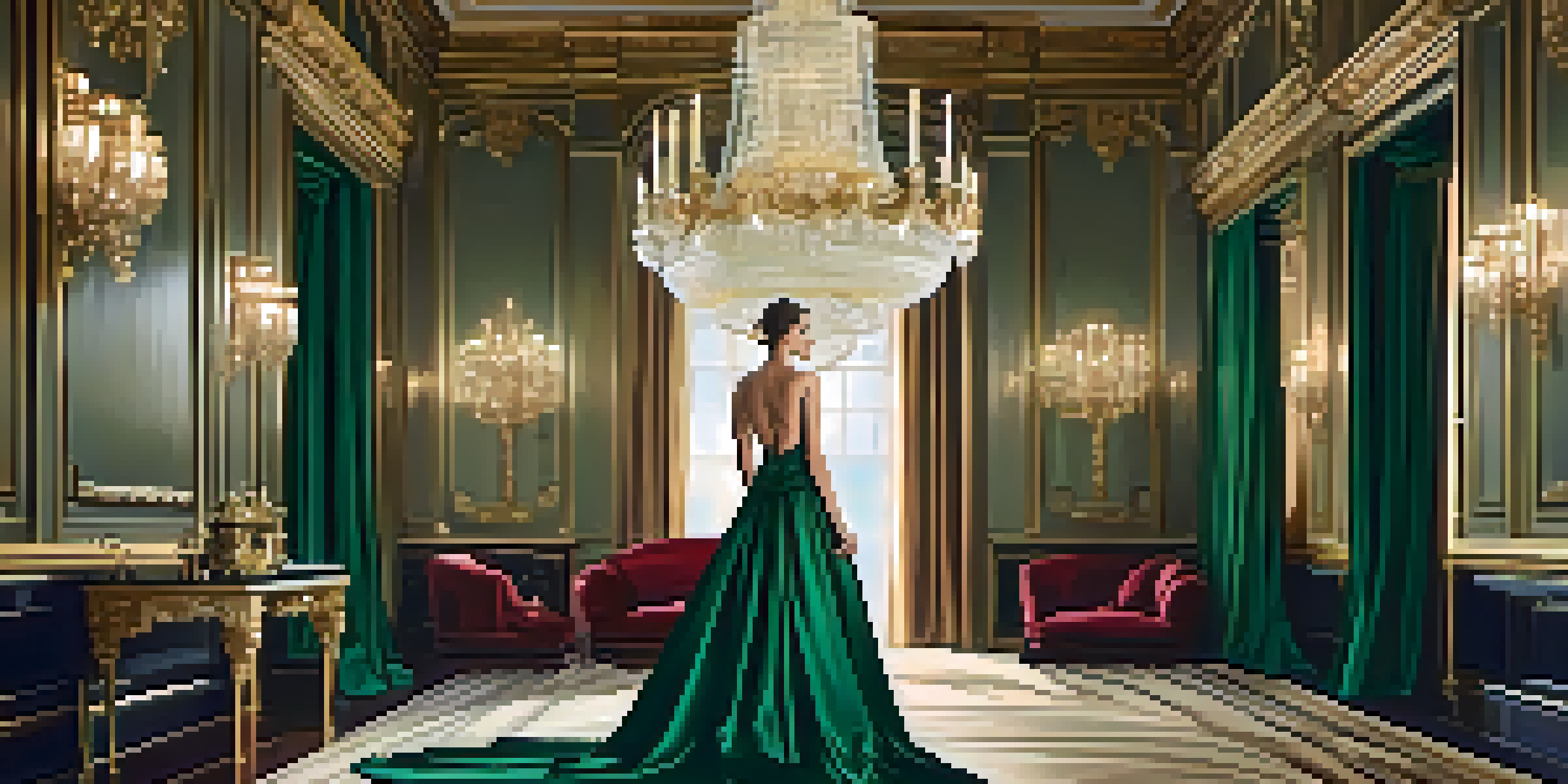 A model in an elegant evening gown stands in a luxurious ballroom with warm lighting and opulent decor.