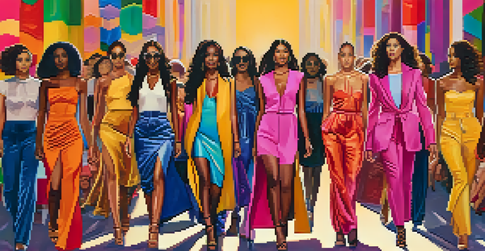 A diverse group of models walking on a fashion runway, showcasing various races, body sizes, and ages, with colorful outfits and bright lighting.