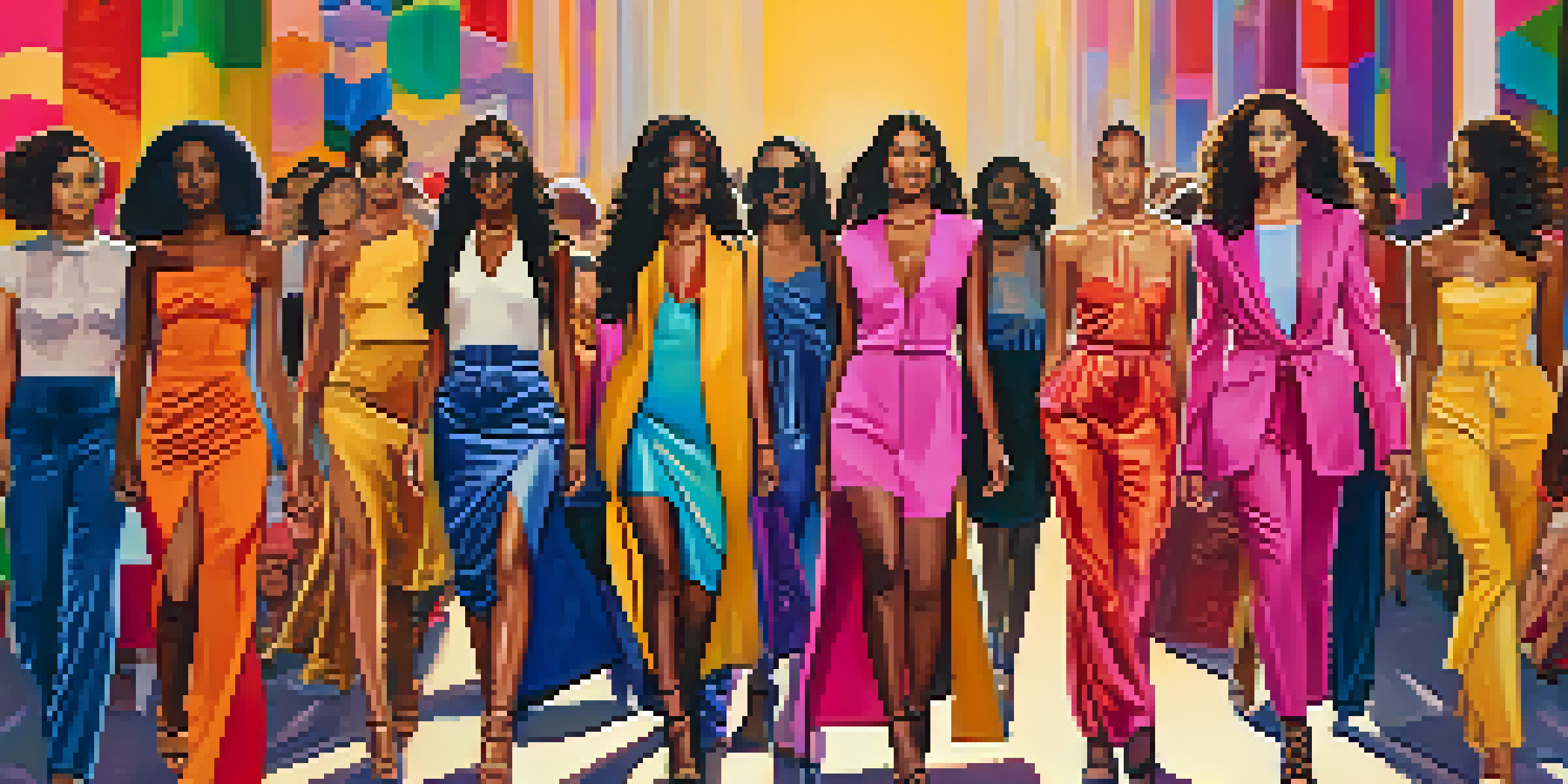 A diverse group of models walking on a fashion runway, showcasing various races, body sizes, and ages, with colorful outfits and bright lighting.