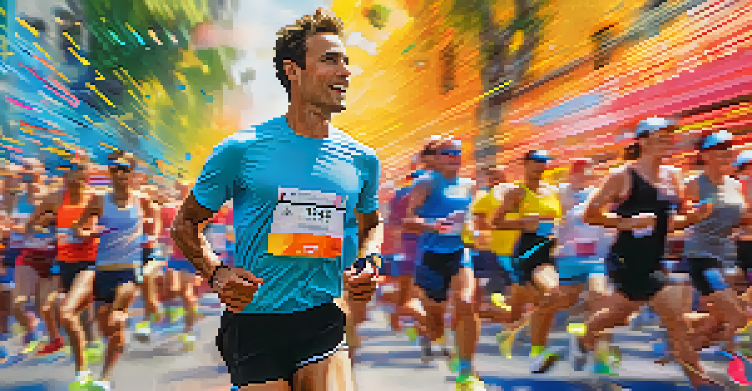 An athlete running a marathon in a smart fabric shirt, with data metrics displayed around them, capturing the energy of the event.