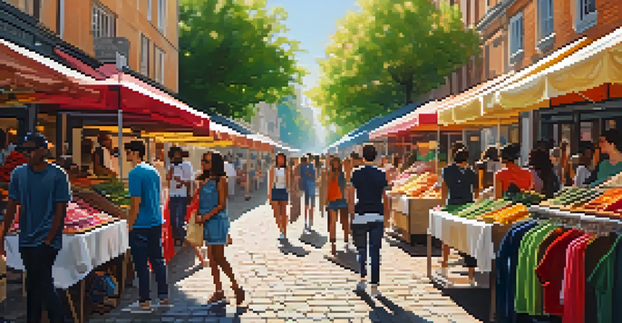 A vibrant outdoor market scene with young adults shopping for trendy clothes, sunlight filtering through trees.