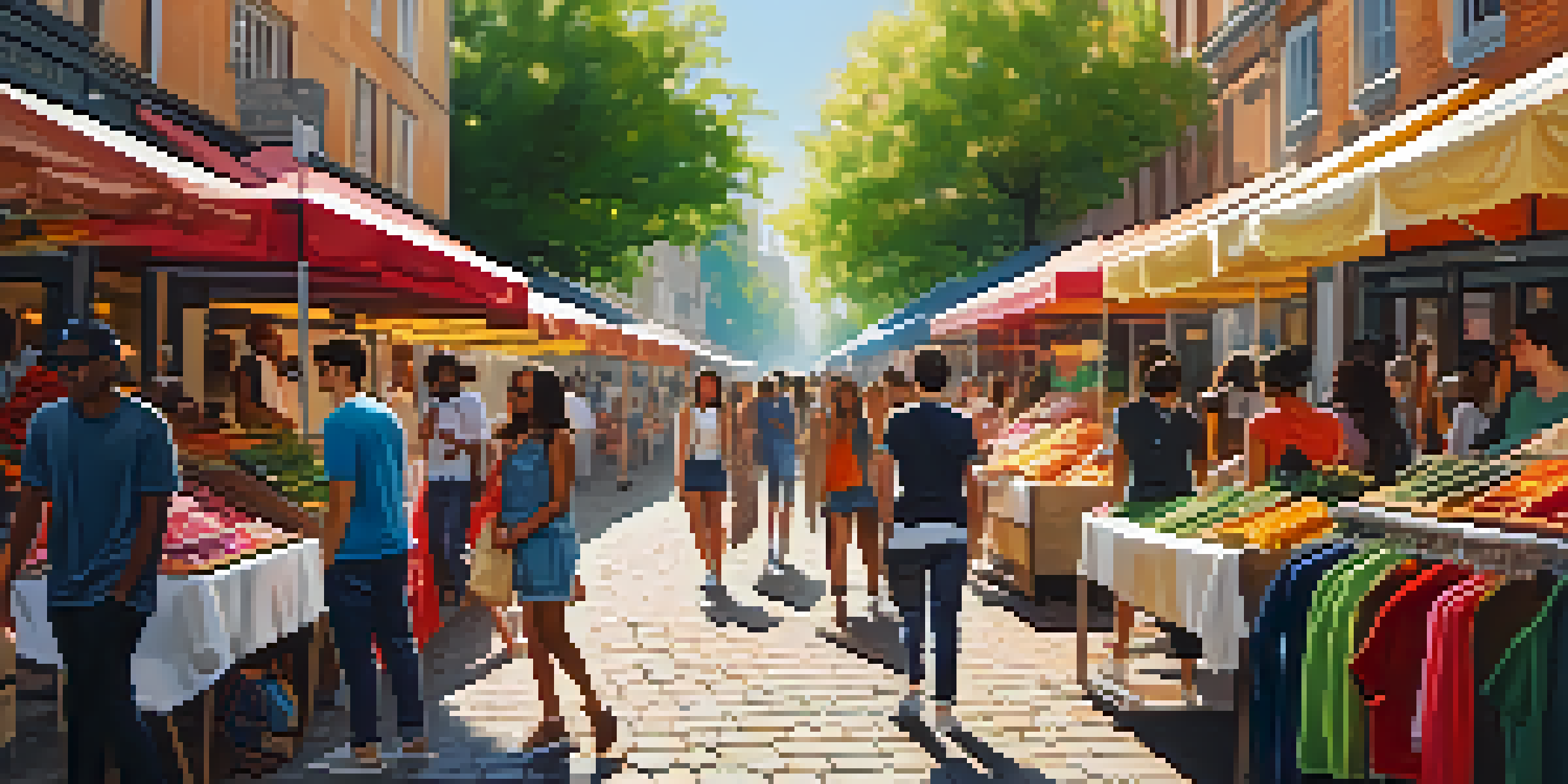 A vibrant outdoor market scene with young adults shopping for trendy clothes, sunlight filtering through trees.