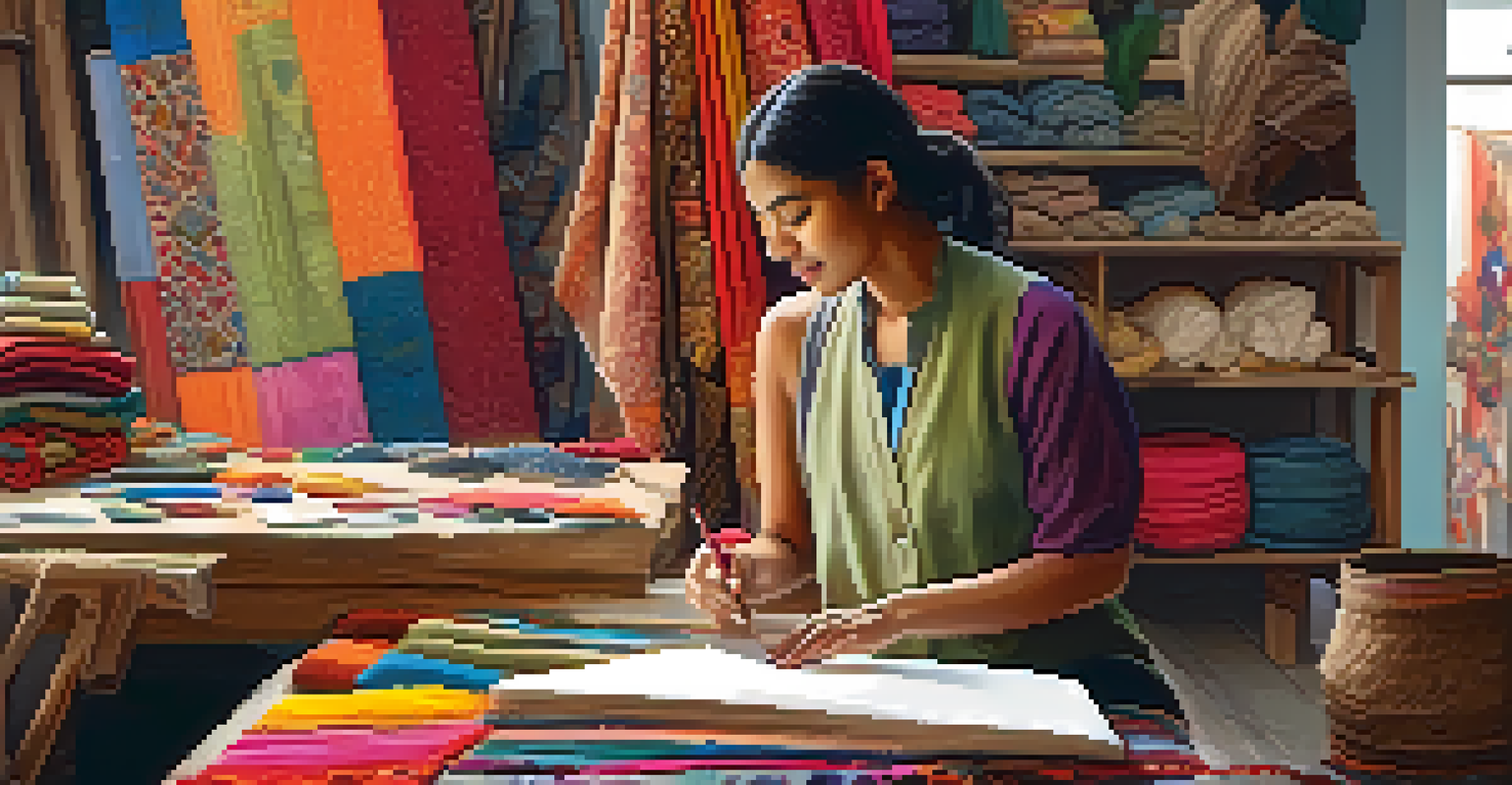 A young fashion designer collaborating with a cultural artisan in a bright workshop filled with fabrics and sketches.