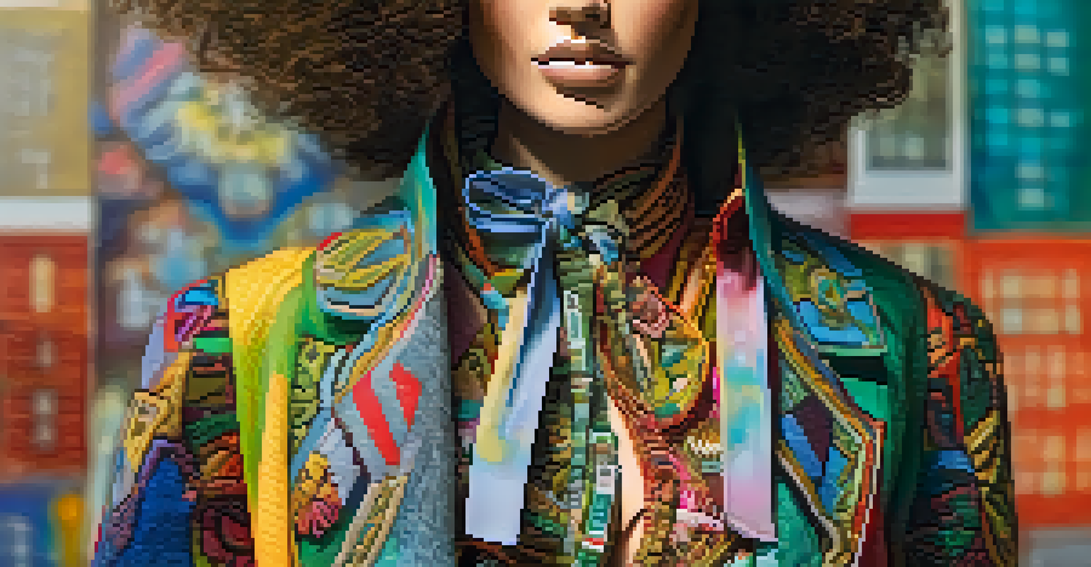 A close-up of a stylish outfit made from recycled materials displayed on a mannequin with warm lighting.