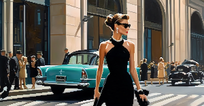 A woman in a little black dress inspired by Audrey Hepburn, standing outside Tiffany & Co. in New York City with soft warm lighting.
