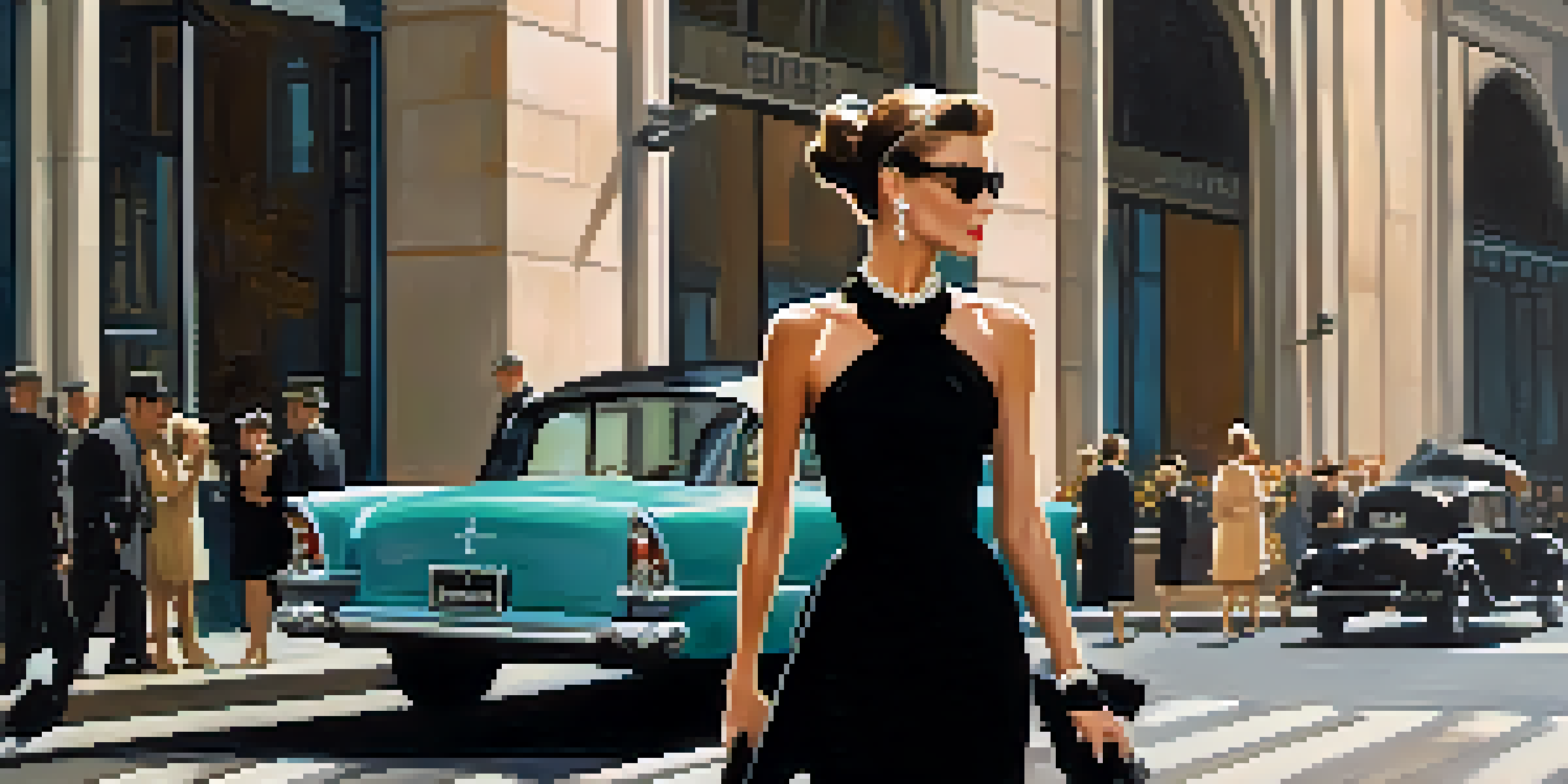 A woman in a little black dress inspired by Audrey Hepburn, standing outside Tiffany & Co. in New York City with soft warm lighting.