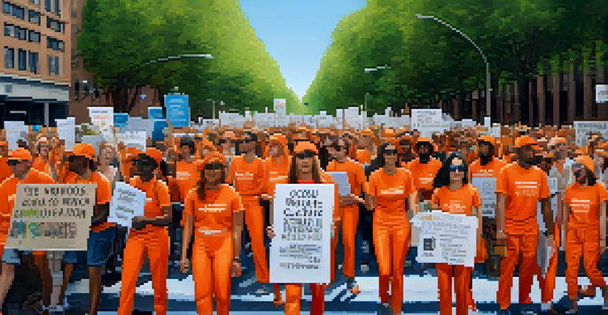A lively climate march with diverse individuals in bright orange clothing holding signs, set against a sunny backdrop with greenery.