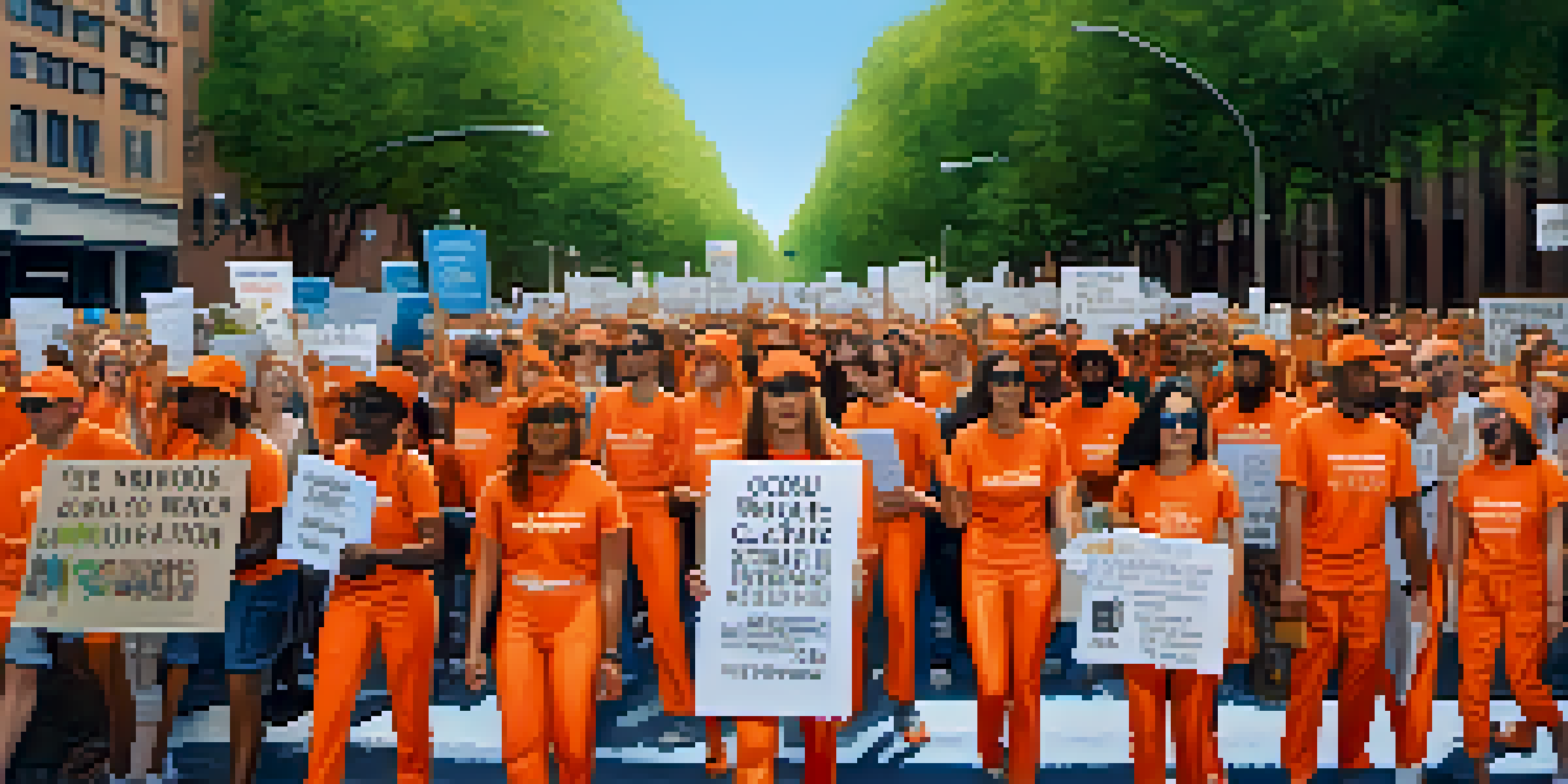 A lively climate march with diverse individuals in bright orange clothing holding signs, set against a sunny backdrop with greenery.