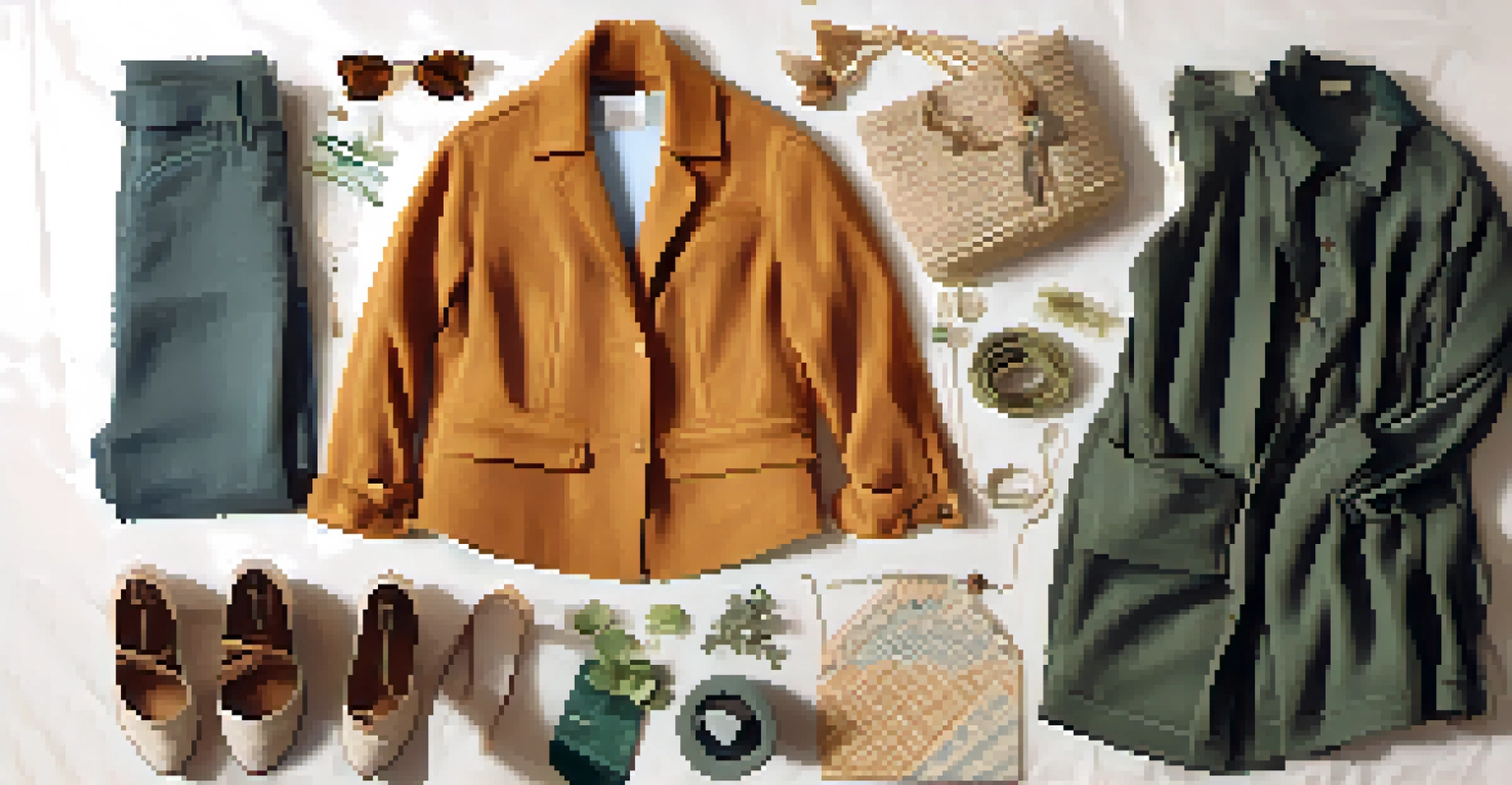 A flat lay of sustainable fashion items including thrifted clothing and eco-friendly accessories.