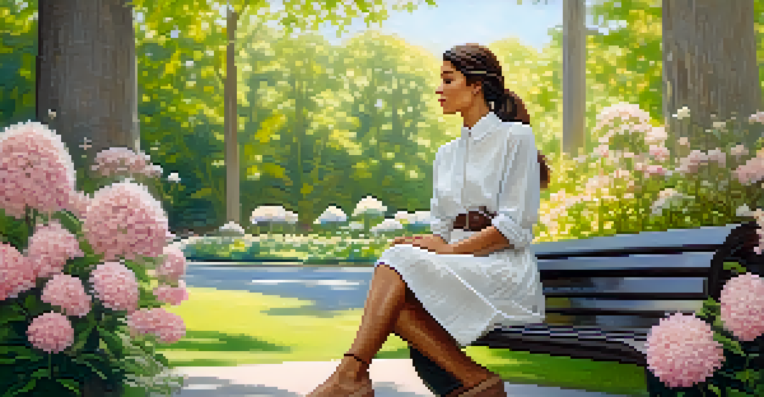 A woman in sustainable fashion sits on a park bench surrounded by flowers, enjoying a peaceful moment in nature.