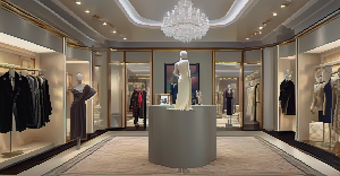 A luxurious boutique interior with elegant clothing displays, soft lighting, and a stylish mannequin dressed in high fashion.