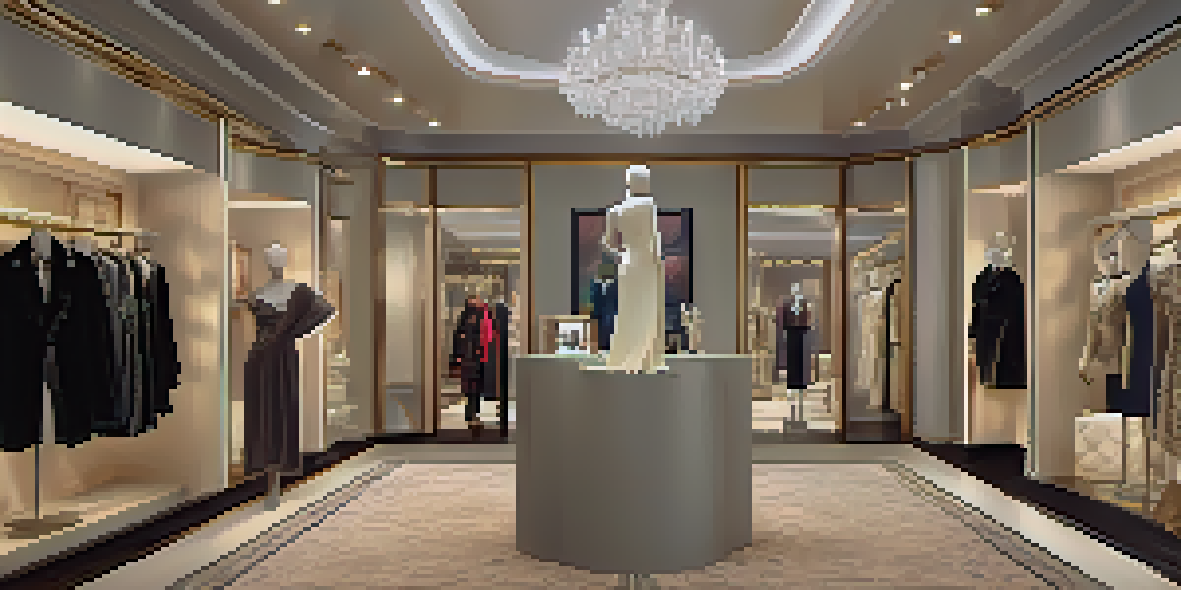A luxurious boutique interior with elegant clothing displays, soft lighting, and a stylish mannequin dressed in high fashion.