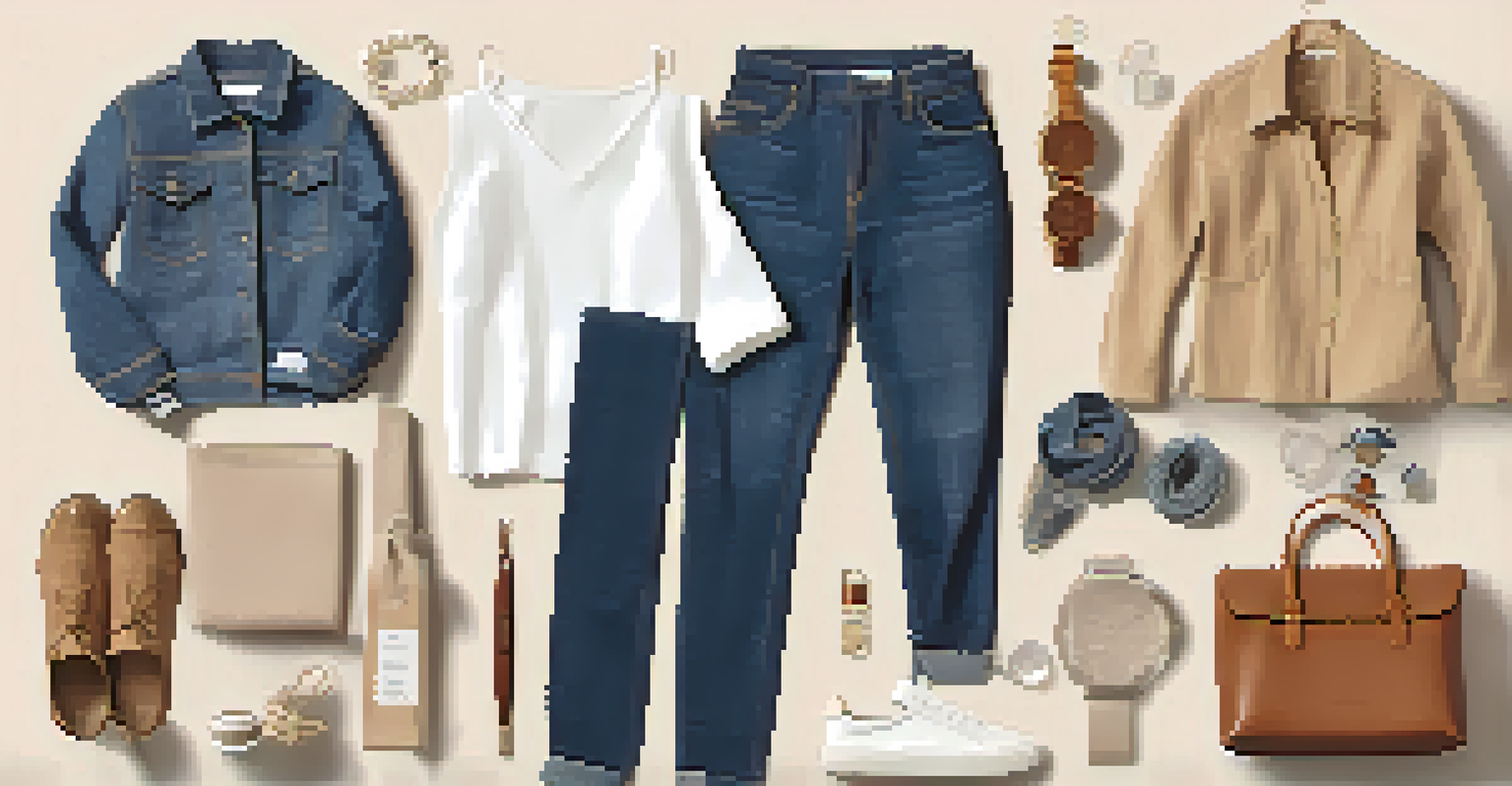 A flat lay of a capsule wardrobe with versatile clothing pieces and sustainable accessories arranged on a soft, neutral fabric.