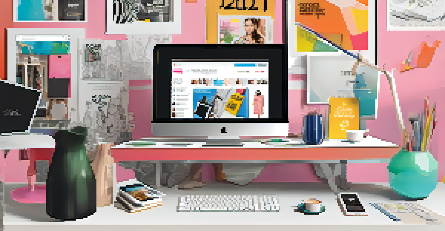 A modern workspace for fashion e-commerce featuring a computer, magazines, and sketches, illustrating a creative environment.