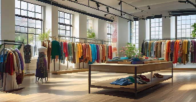 A fashion retail store with diverse mannequins wearing culturally inspired outfits, illuminated by natural light.