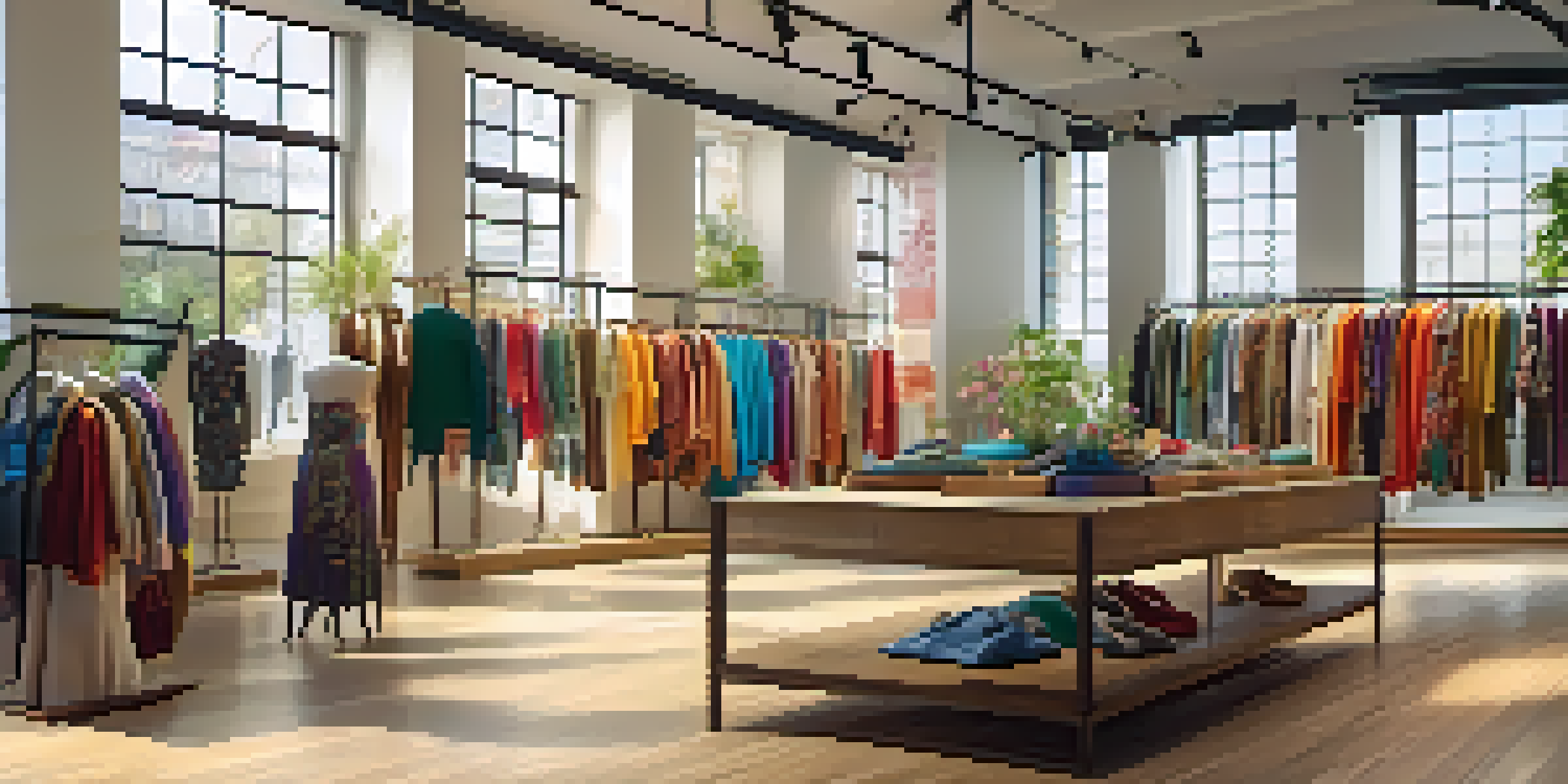 A fashion retail store with diverse mannequins wearing culturally inspired outfits, illuminated by natural light.