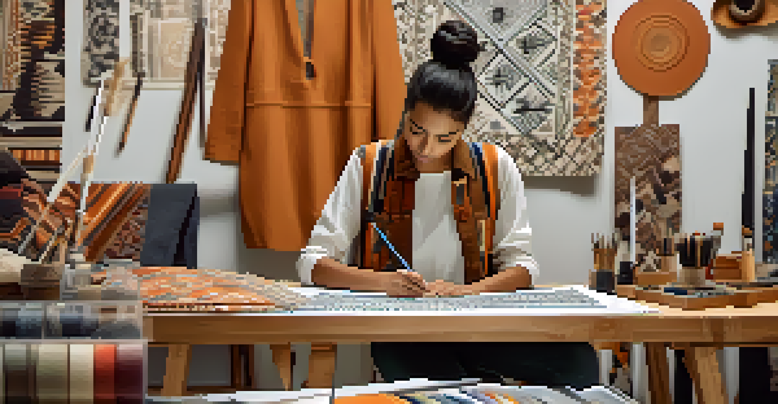 Indigenous designer in a workshop sketching designs with fabrics and a mood board featuring traditional patterns in the background.