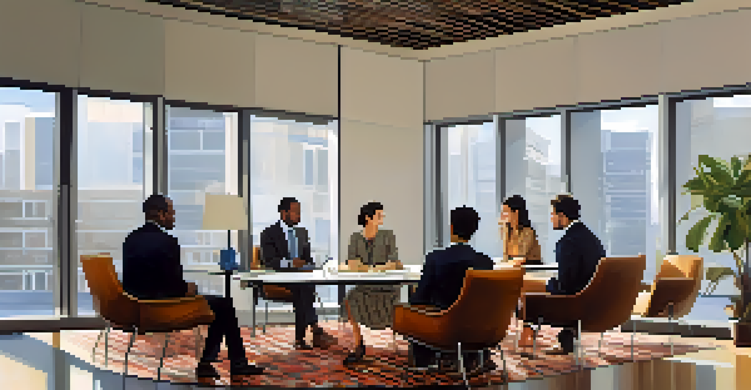 A modern office scene with individuals in cultural fashion during a meeting, highlighting diversity and professionalism.