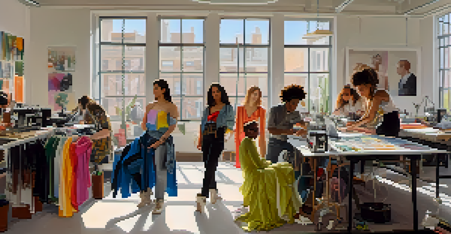 Designers of various genders collaborating in a fashion studio, surrounded by sketches and fabrics.