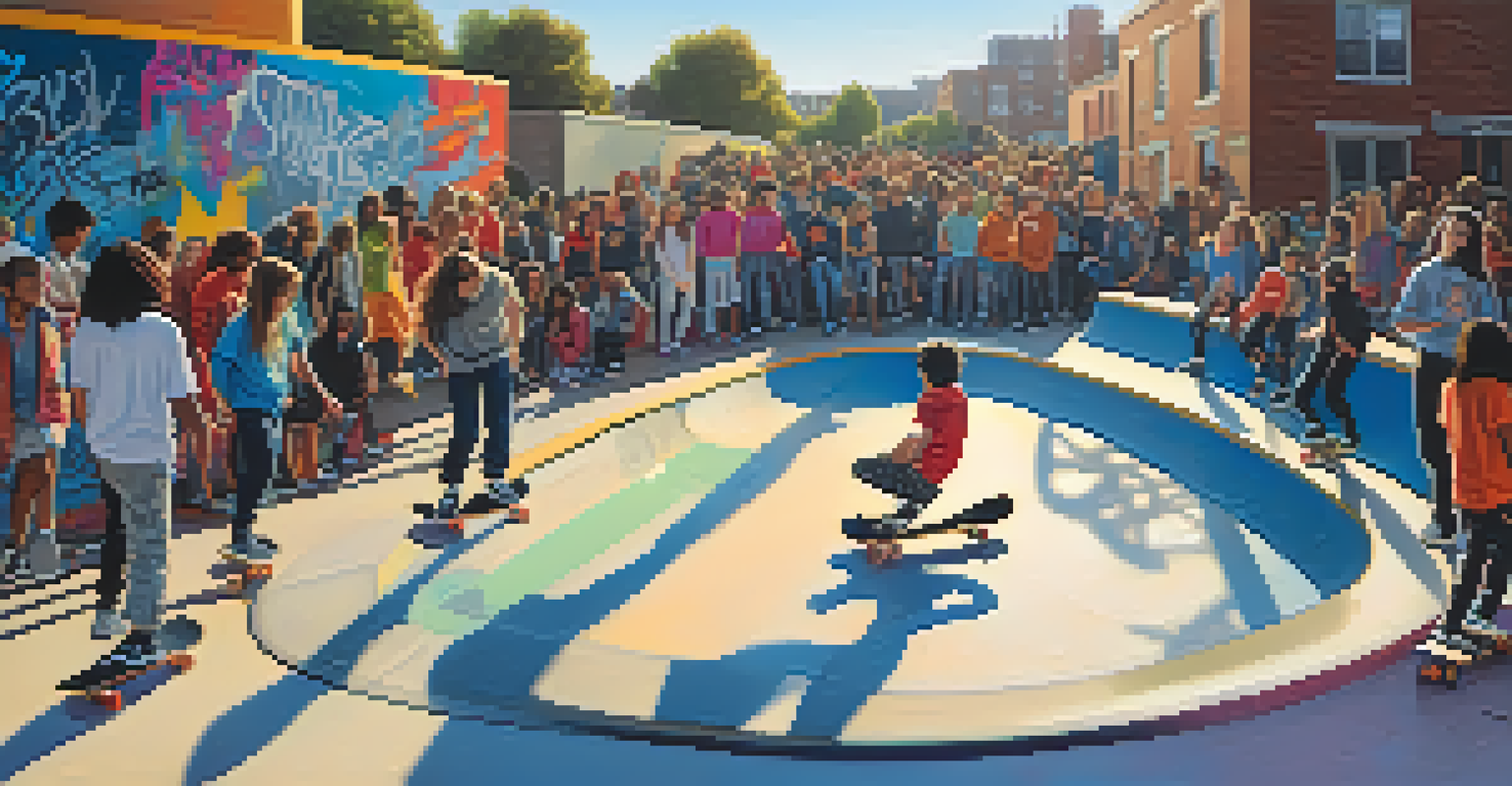 Teenagers skateboarding in a park, dressed in streetwear and grunge styles against a graffiti backdrop.