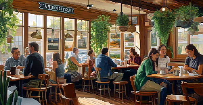 A warm and inviting coffee shop with customers enjoying drinks, using punch cards, and local artwork on the walls.