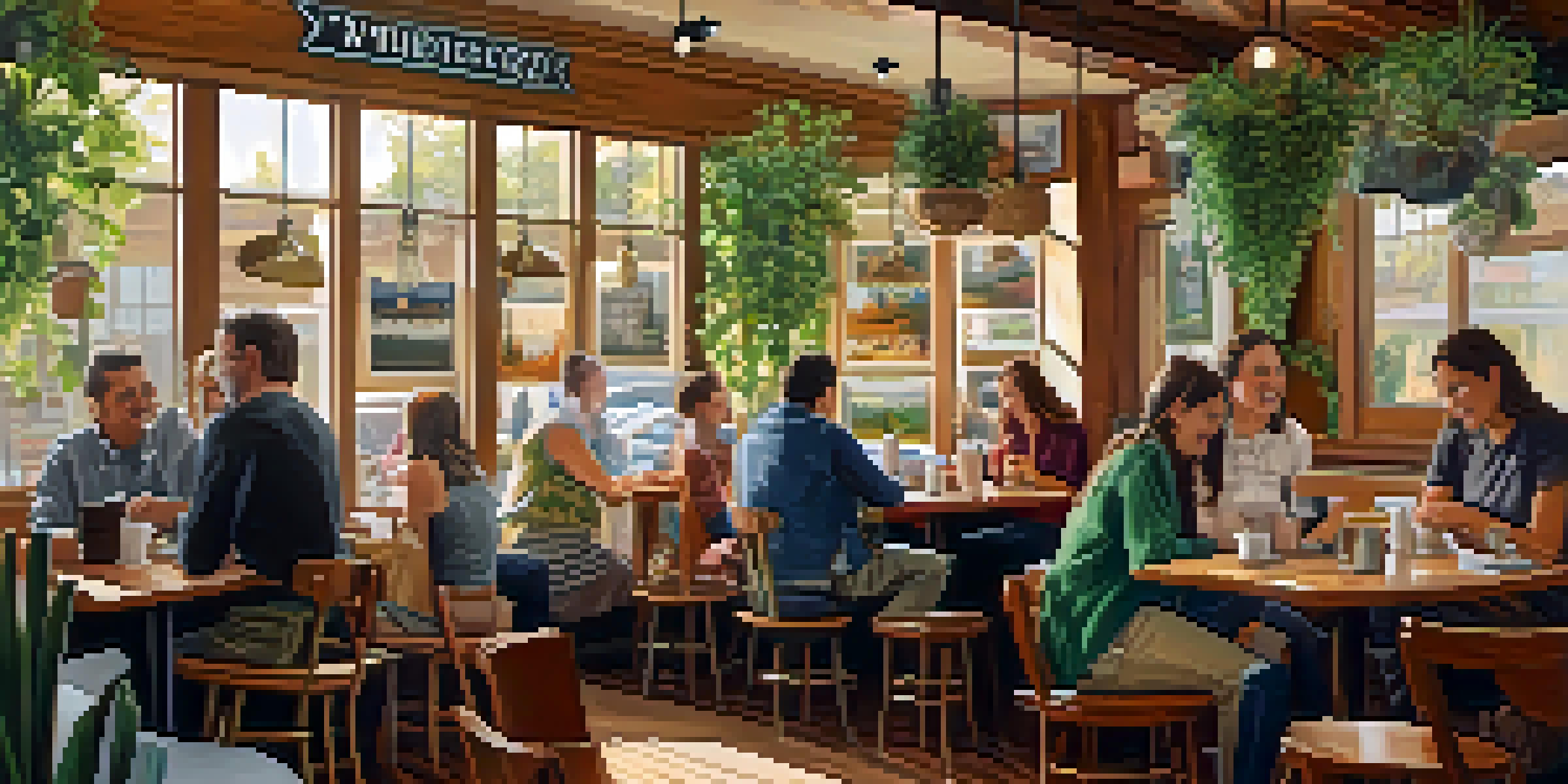 A warm and inviting coffee shop with customers enjoying drinks, using punch cards, and local artwork on the walls.