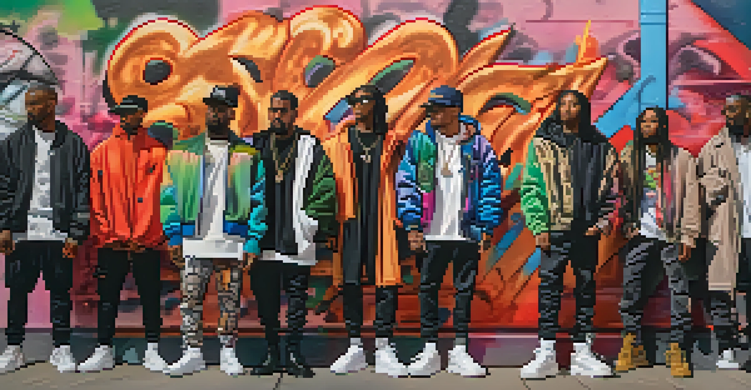 A group of diverse people in an urban setting showcasing Kanye West's Yeezy streetwear against a vibrant graffiti backdrop.