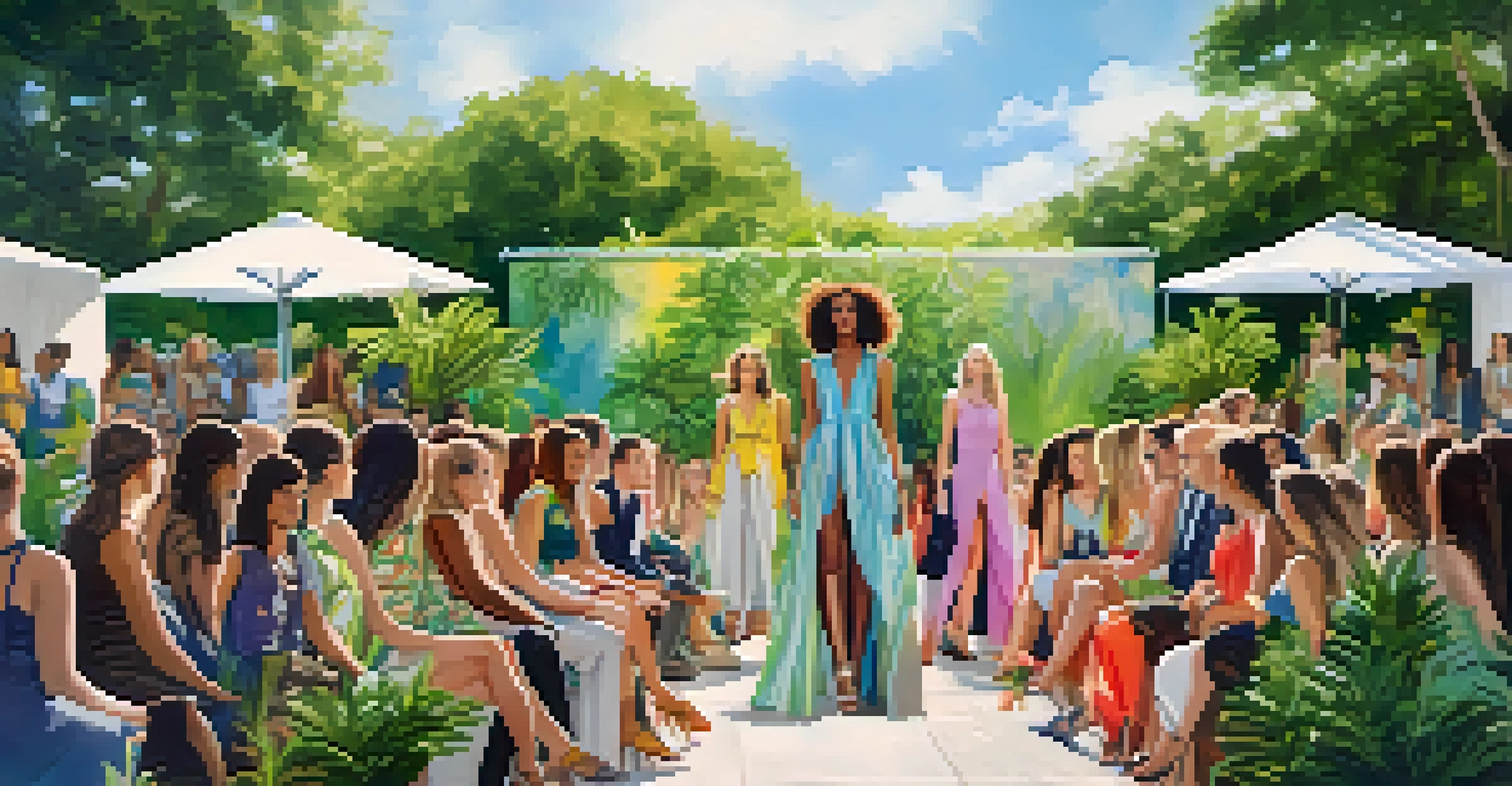 An outdoor fashion show featuring diverse models in sustainable fashion designs, set against a green backdrop under soft daylight.