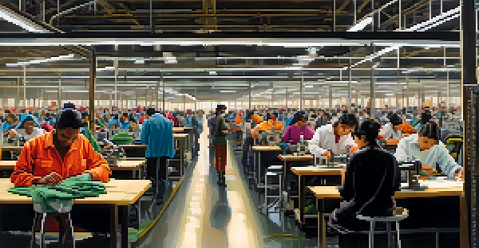 An interior view of a garment factory with diverse workers sewing clothes on industrial machines amid colorful fabrics and garments.
