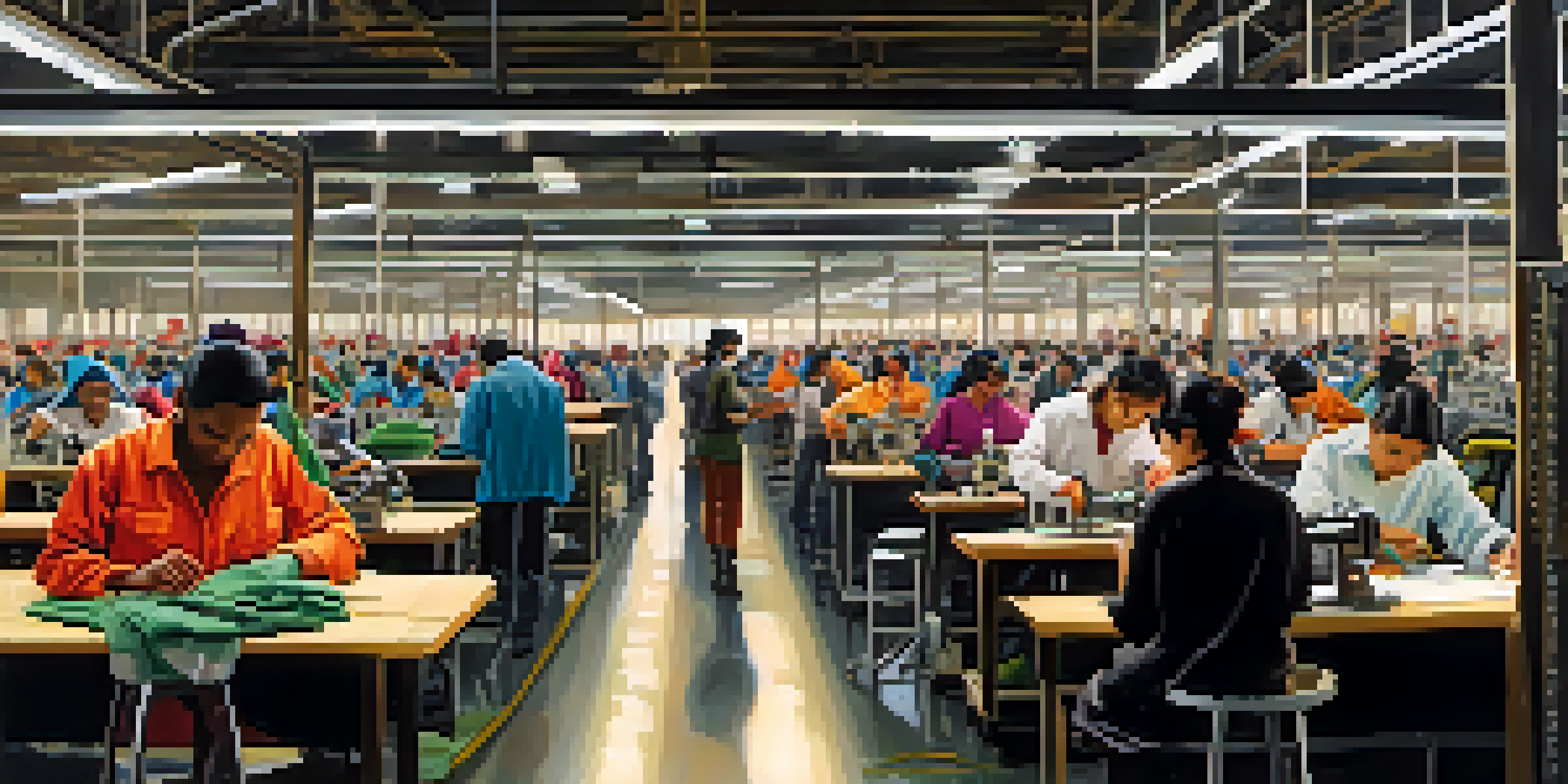 An interior view of a garment factory with diverse workers sewing clothes on industrial machines amid colorful fabrics and garments.