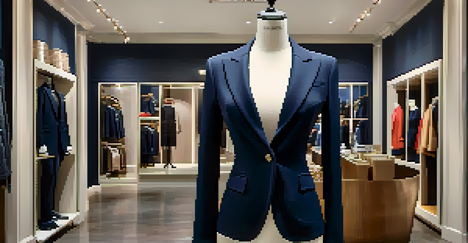 A navy tailored blazer on a mannequin in a boutique, with stylish accessories in the background.