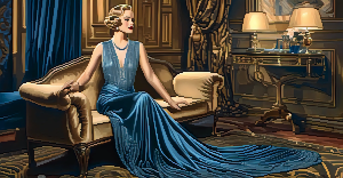 A woman in a glamorous 1930s evening gown with intricate beadwork, standing in a lavish Hollywood setting with vintage furniture and soft warm lighting.