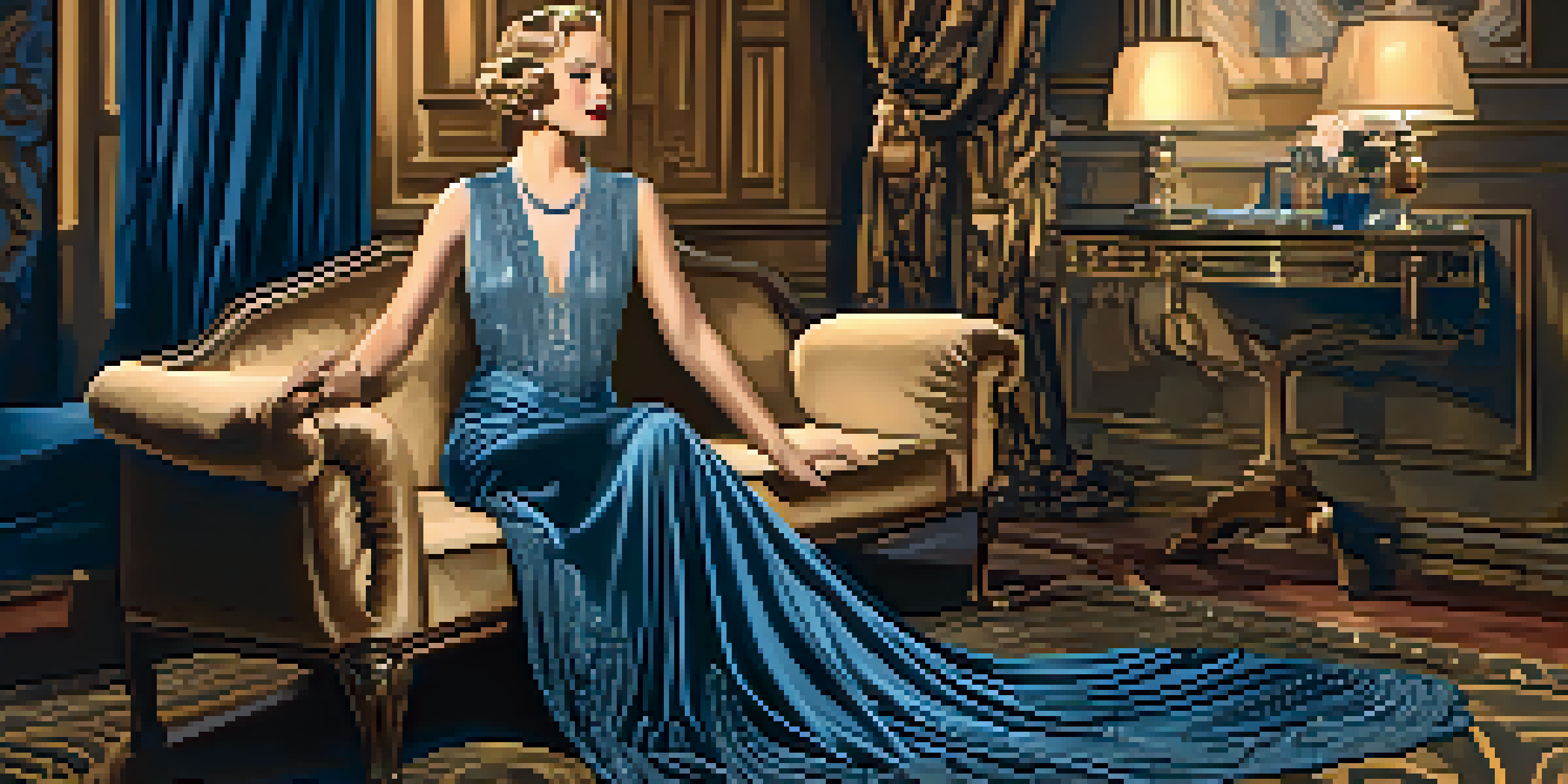 A woman in a glamorous 1930s evening gown with intricate beadwork, standing in a lavish Hollywood setting with vintage furniture and soft warm lighting.