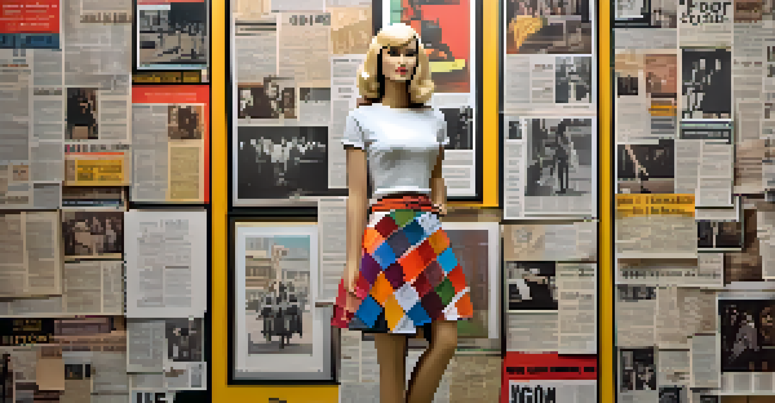 A vintage miniskirt on a mannequin, surrounded by historical newspaper clippings and photographs from the Women's Liberation Movement.