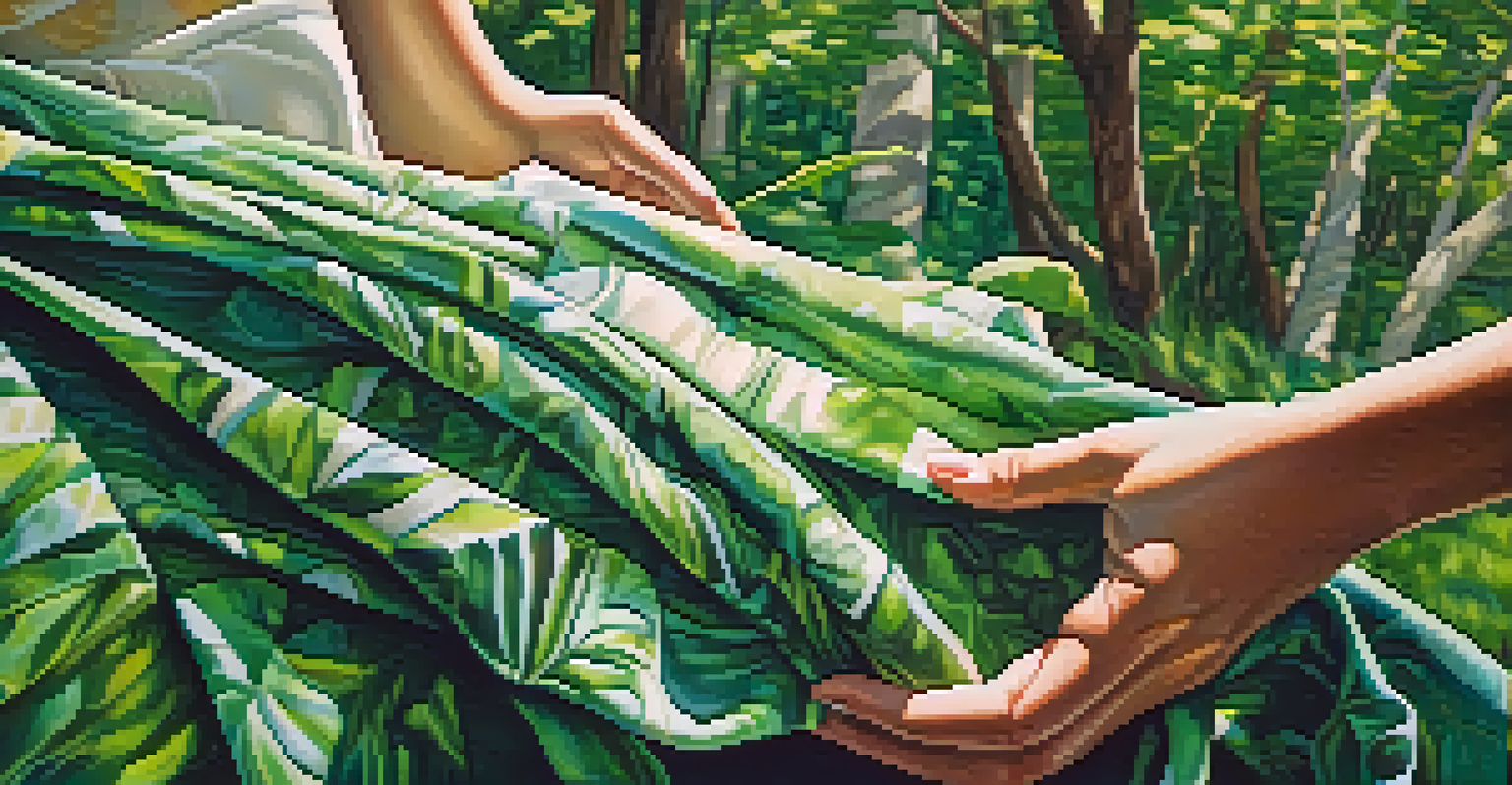 Hands holding recycled fabric scraps in a green environment, symbolizing sustainable fashion.
