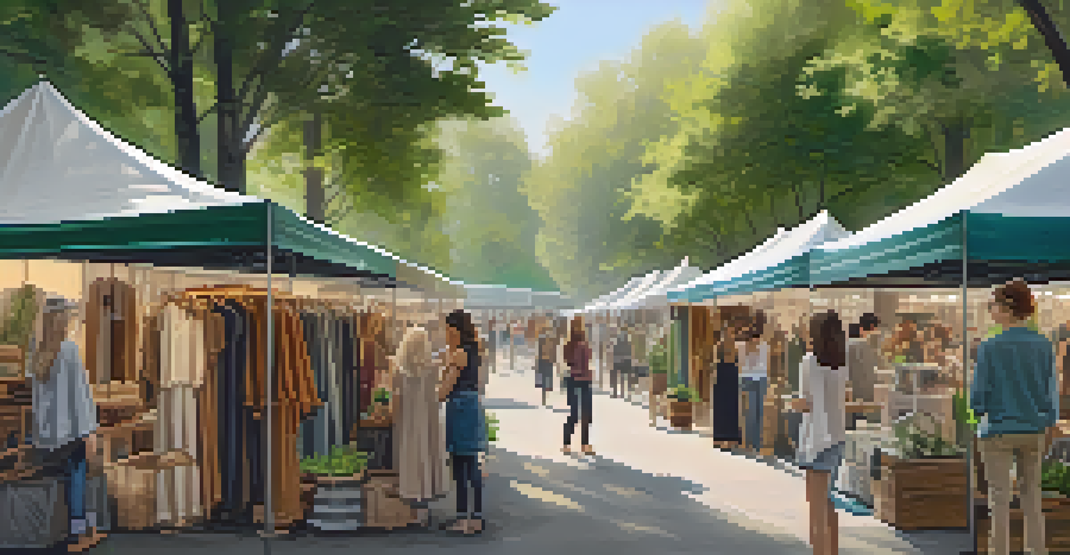 A sustainable fashion market in an outdoor setting with eco-friendly clothing stalls and shoppers.