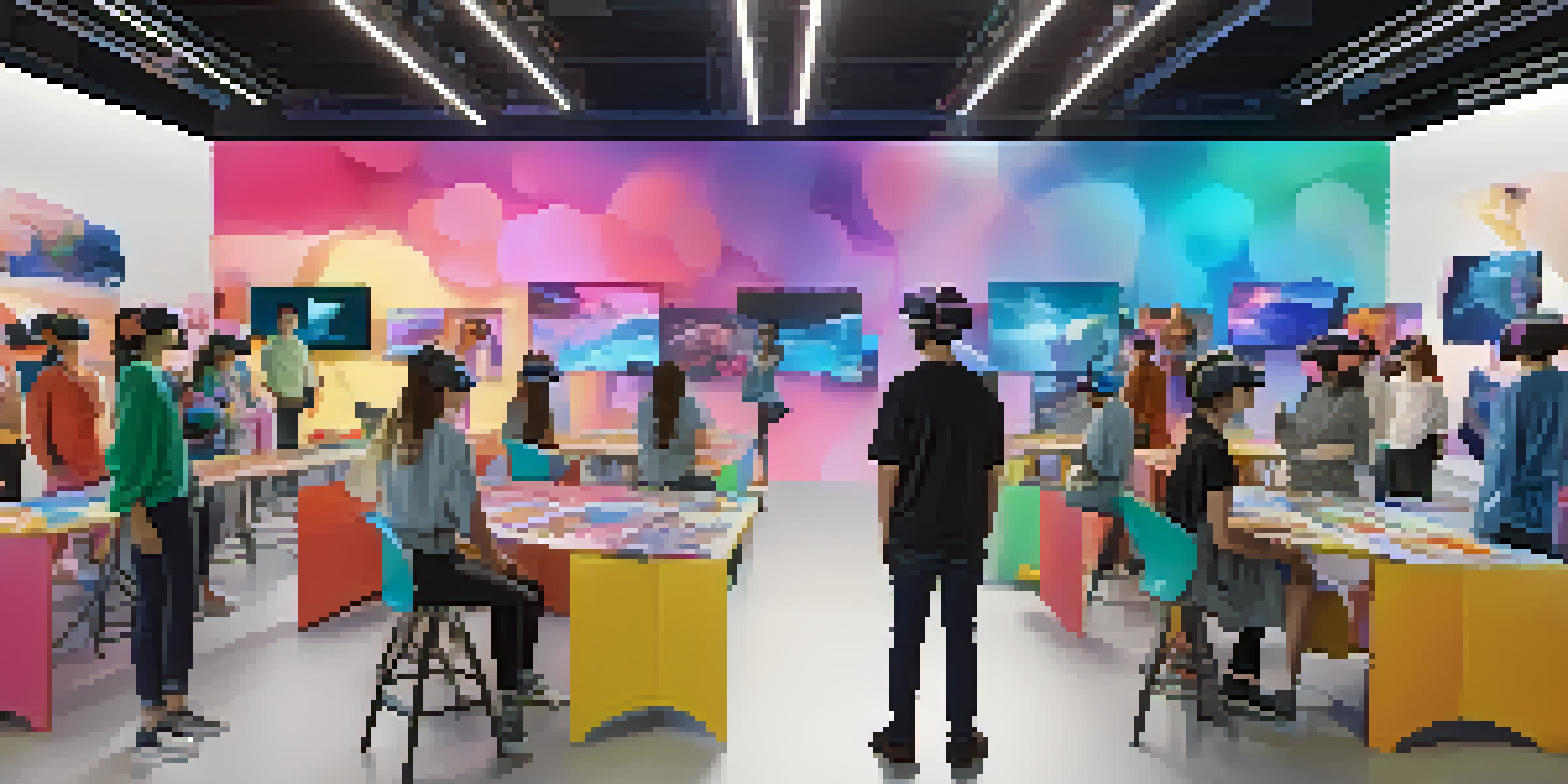 A virtual reality classroom with students wearing headsets, interacting with 3D fashion designs and colorful screens.